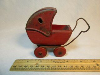 Antique Toy Miniature Baby Carriage Wood And Metal Vintage Red Doll Accessory
