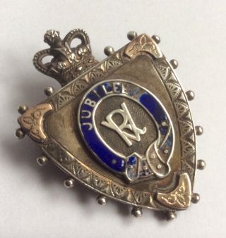 Antique Solid Silver & Enamel Queen Victoria Jubilee Brooch With Gold Detail.