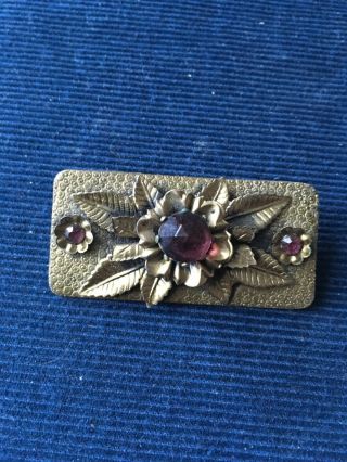 Antique Vtg Art Nouveau Czech Hammered Brass Amethyst Glass Pin Brooch