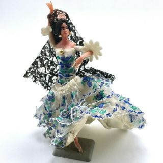 Vintage Marin Chiclana Spanish Flamenco Dancer Blue White Lace Dress 5.  5 In