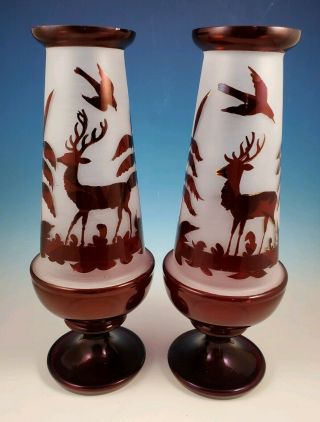 15 - 1/2 " Antique Victorian Bohemian Ruby Flash Vases W/ Deer Slag