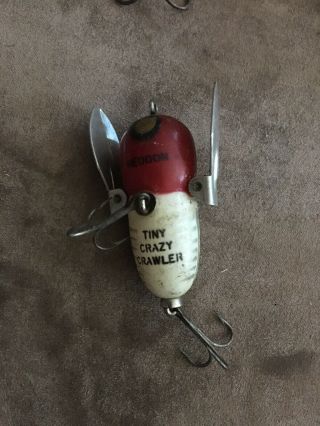 Vtg Heddon Tiny Crazy Crawler Fishing Lure Topwater Metal Wings Red Shore Minnow