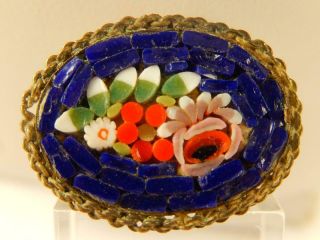 Victorian Micro Mosaic Rose Flower Pin Antique Colorful Detailed Italy Blue Red