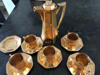 Vintage T & V Limoges France Gold Tea Pot 5 Cups & 6 Saucers Antique China
