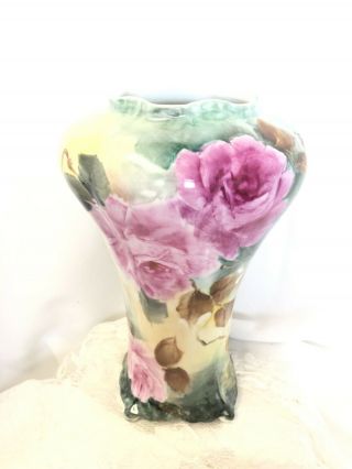 Hand Painted Antique Style Porcelain Vase Pink Roses 9 Inches Tall