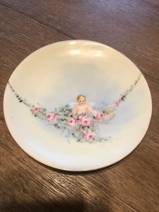 Antique H.  & Co Selb Bavaria Germany Hand Painted Plate Cherub Angel Roses 6”