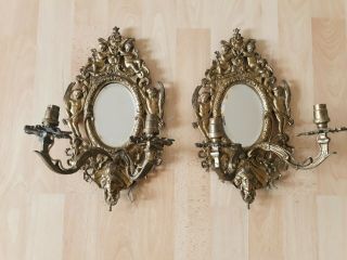 Antique Gilt Brass Candle Sconces With Mirrors