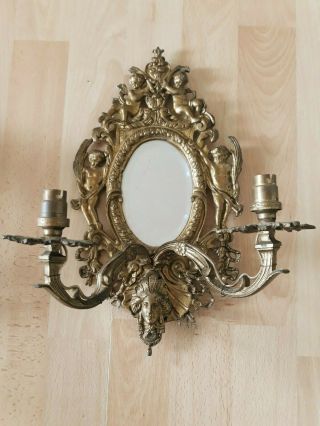 Antique Gilt Brass Candle Sconces with Mirrors 2