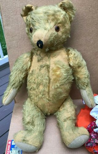 Old Antique Yellow Gold Mohair Teddy Bear,  Fully Jointed W/ Glass Eyes