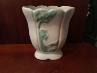 Antique Signed 7” Weller Pottery Art Wide - Mouthed Pedestal Vase - Matte Blue Green