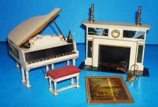 Vintage Ideal Dollhouse Petite Princess Grand Piano,  Fireplace W Accessories