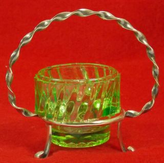 Antique Open Salt Fluted Green Glass Insert Epns Silver Plate Basket.  Lovely