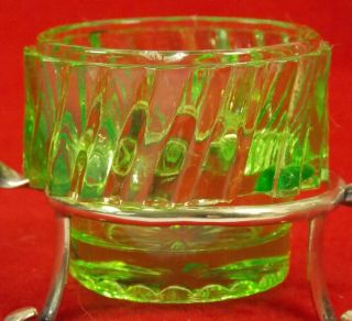 Antique Open Salt Fluted Green Glass Insert EPNS Silver Plate Basket.  Lovely 3