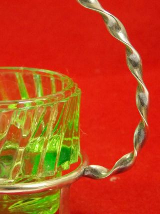 Antique Open Salt Fluted Green Glass Insert EPNS Silver Plate Basket.  Lovely 4