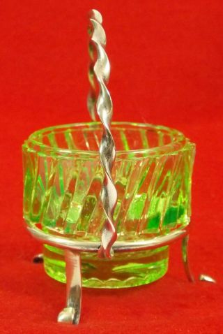 Antique Open Salt Fluted Green Glass Insert EPNS Silver Plate Basket.  Lovely 5