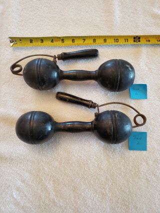 Very Rare - Antique Black Wood Dumbbells With Hand Strengtheners