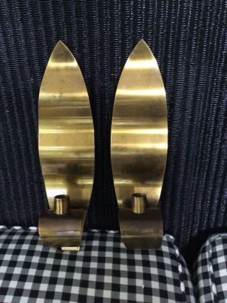 Pair Unusual Mid Century Ystad Metall Sweden Brass Wall Sconce Candle Holders