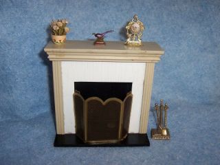 Vintage Dollhouse Furniture - Wooden Fireplace With Accessories