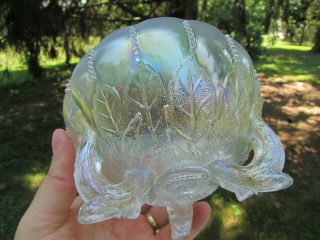Northwood Leaf & Beads Antique Carnival Art Glass Rose Bowl White Rare & Pretty