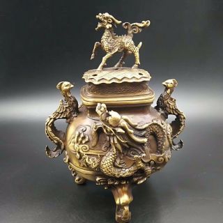 Old Brass Gold - Plated Engraving Dragon Incense Burner Qianlong Mark