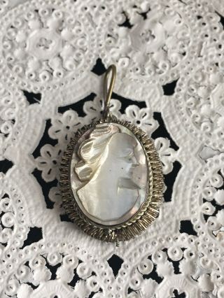 Antique Abalone & Carved Mother Of Pearl Cameo Pendant