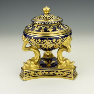 Antique Samson Porcelain - Cobalt Blue & Gilt Potpourri Vase - Dolphins Supports