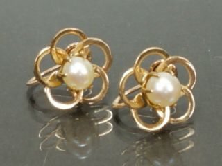 Vintage Antique 10k Gold Pearl 6mm Flower Earrings Designer Signed 3g