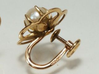 Vintage Antique 10k Gold Pearl 6mm Flower Earrings Designer Signed 3g 2