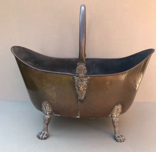 Large 19” Antique Copper & Brass Coal Scuttle Bucket Lions Feet & Head