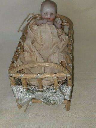 Antique Tiny Bisque Jointed Baby Doll In Crib Germany Exc.  $33.  33