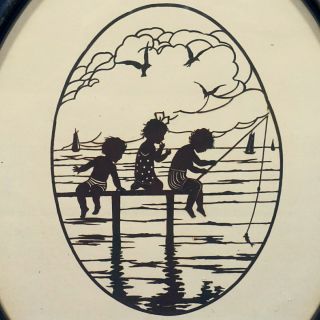 Antique German Scherenschnitt Silhouette Cutout Folkart Kids Fish Sailboat Frame