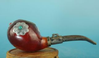 China Old Hand - Made Honeystone Tibet Silver Inlay Gem Antique Tobacco Pipe Bb02e
