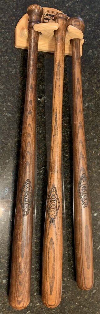 Cobatco Antique Style Set Of 3 Solid Wood Baseball Bats W/ Holder
