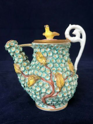 Fine Antique Meissen Porcelain Schneeballen Watering Can With Bird Finial.