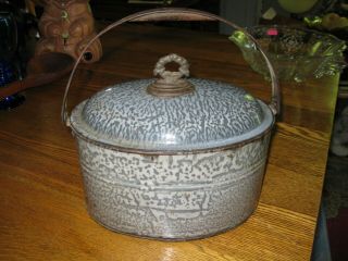 Antique Enamelware Gray Graniteware Berry Bucket Lunch Pail Handled Domed Lid