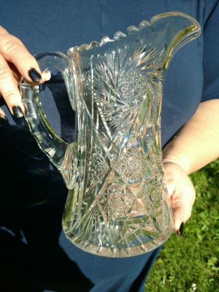 Antique American Brilliant Cut Glass Crystal Abp Pitcher Jug Saw Tooth
