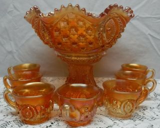 Antique Orange Marigold Carnival Fashion Pedistal Punch Bowl 7 Cups All Marked