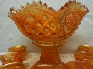 Antique Orange Marigold Carnival Fashion Pedistal Punch Bowl 7 Cups All Marked 2