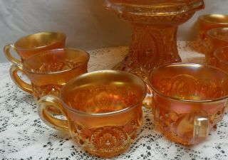 Antique Orange Marigold Carnival Fashion Pedistal Punch Bowl 7 Cups All Marked 4