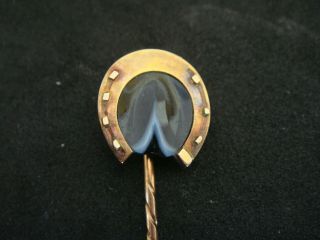 Antique Victorian Scottish Banded Agate & 15ct Gold Horse Shoe Stick Cravat Pin