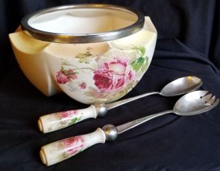 Antique W & R Carlton Ware Porcelain & Silver Plate Salad Bowl W/utensils 1890 