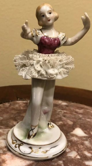 Vintage Dresden Style Porcelain Lace Ballerina Dancer Figurine 4 1/4”
