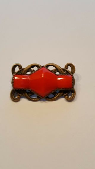 Antique Brass Scroll With Red Lucite Setting Brooch