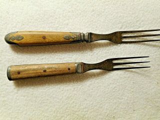 2 Antique Civil War Era Forks - Pewter Inlay - 3 Tine Forks - Wood Or Bone Handles