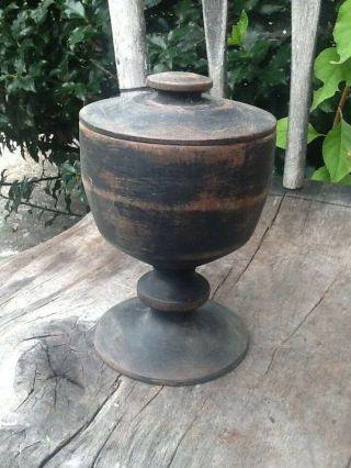 Early Primitive Footed Wooden Treen Compote With Lid Old Black Paint