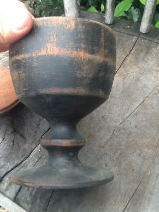 Early Primitive Footed Wooden Treen Compote With Lid Old Black Paint 5