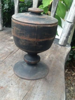 Early Primitive Footed Wooden Treen Compote With Lid Old Black Paint 8