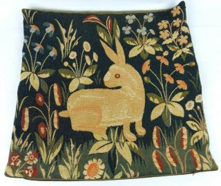Medieval French Tapestry Pillow Cover Rabbit Blue Fine Art Decor 18.  5 In Square