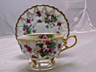 Royal Halsey Violet Reticulated Lustre Three Footed Teacup & Saucer Gold Trim