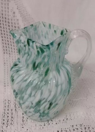 Unusual Antique Green & White Art Glass Jug 6” Tall 4.  5” Opening Square Opening